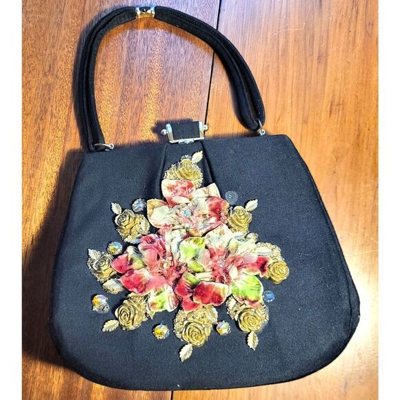 Vintage 50s Black Gold Floral Handbag 16in long inc handle - Picture 2 of 5